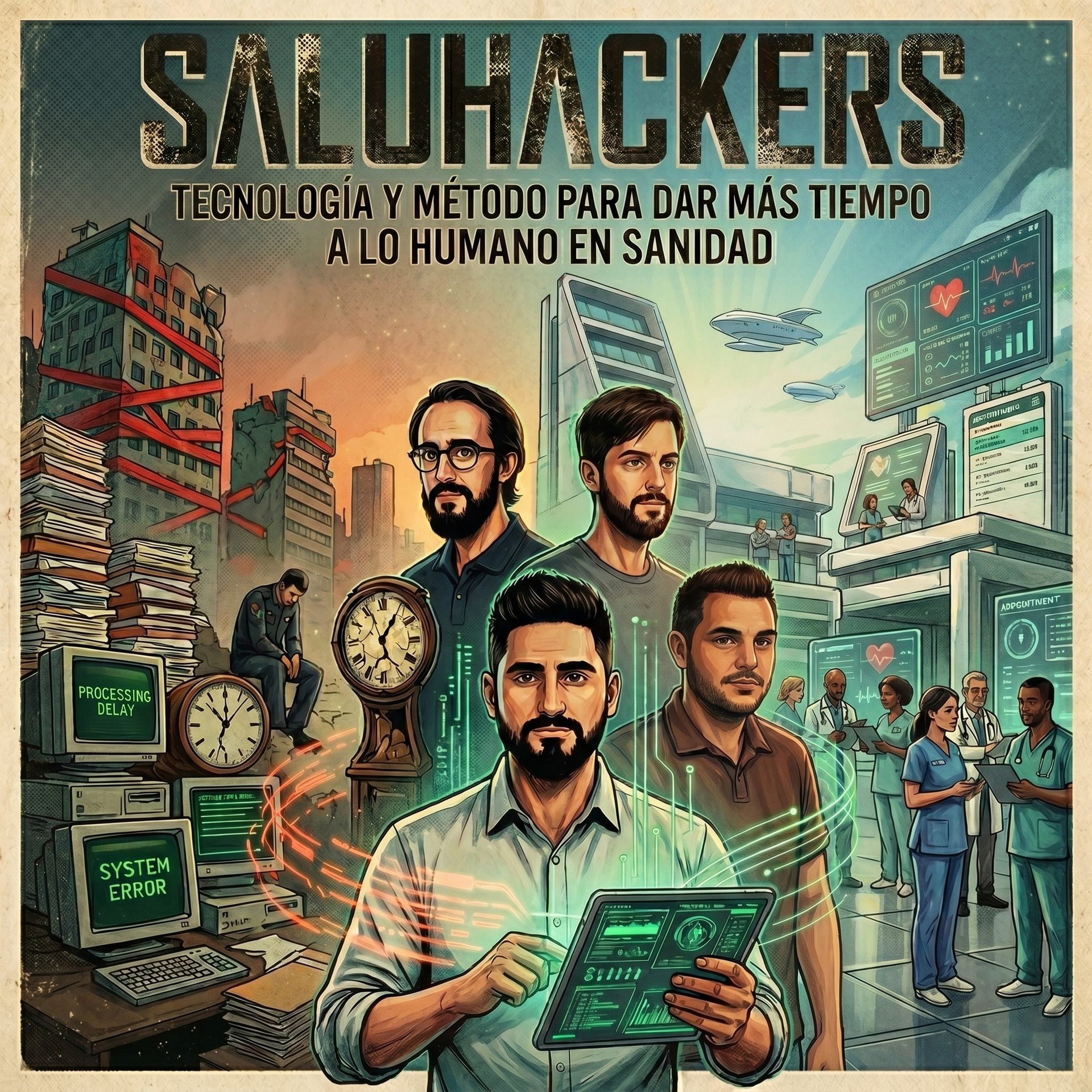 Póster de SaluHackers — «Tecnología y método para dar más tiempo a lo humano en sanidad». El equipo en el centro; a la izquierda, ordenadores viejos con errores de sistema, pilas de papel y relojes parados; a la derecha, un hospital moderno con paneles de datos y personal sanitario trabajando.
